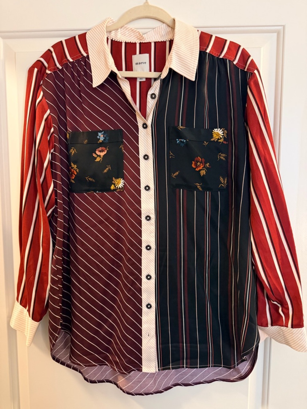 Maeve Mixed-Stripe Button-Up Shirt in Red & Black